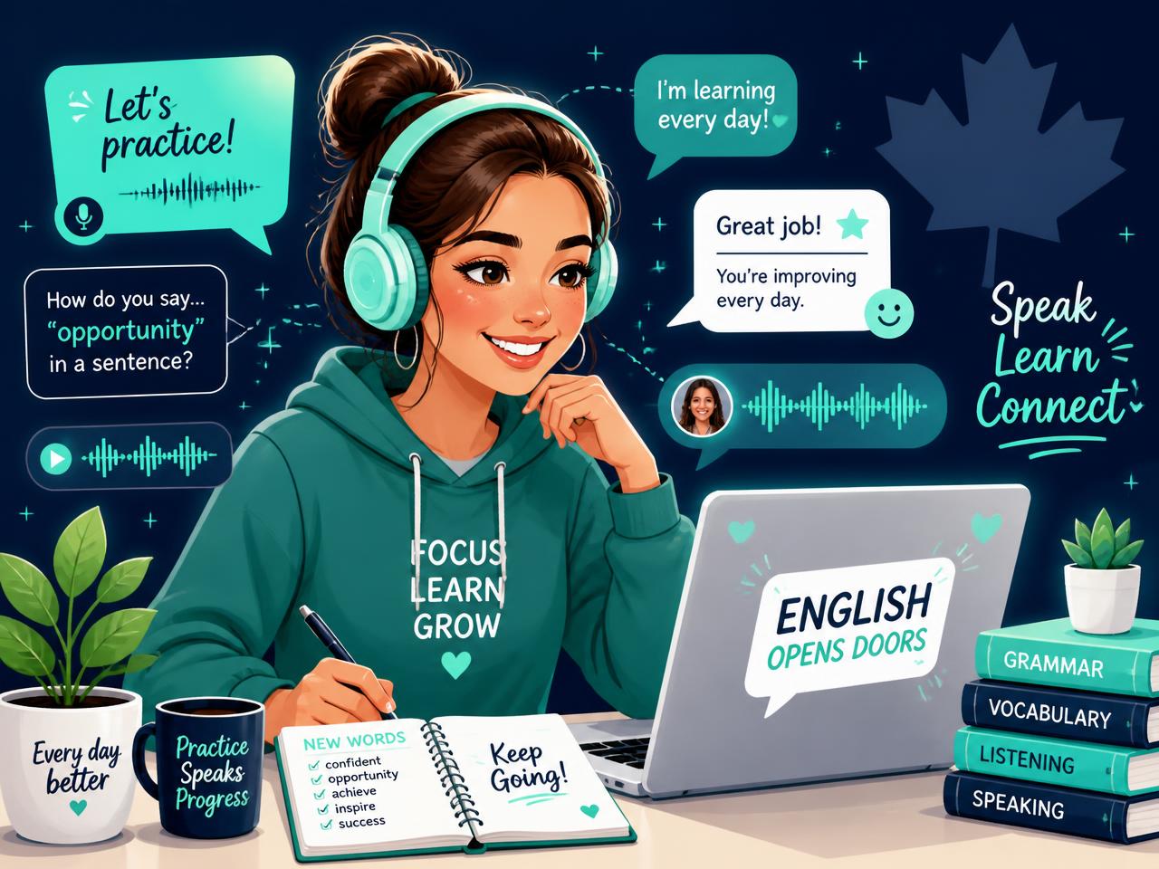 Student practising CELPIP English listening and speaking on a laptop